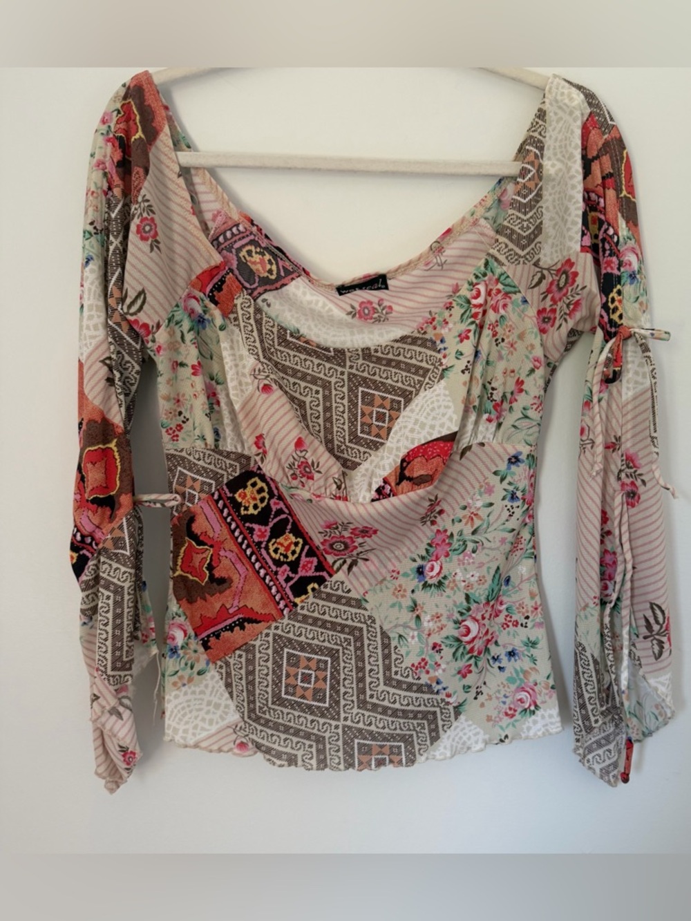 Vintage 90s Y2K Wet Seal Patchwork Milkmaid Boho Floral Long Bell SleeveTop